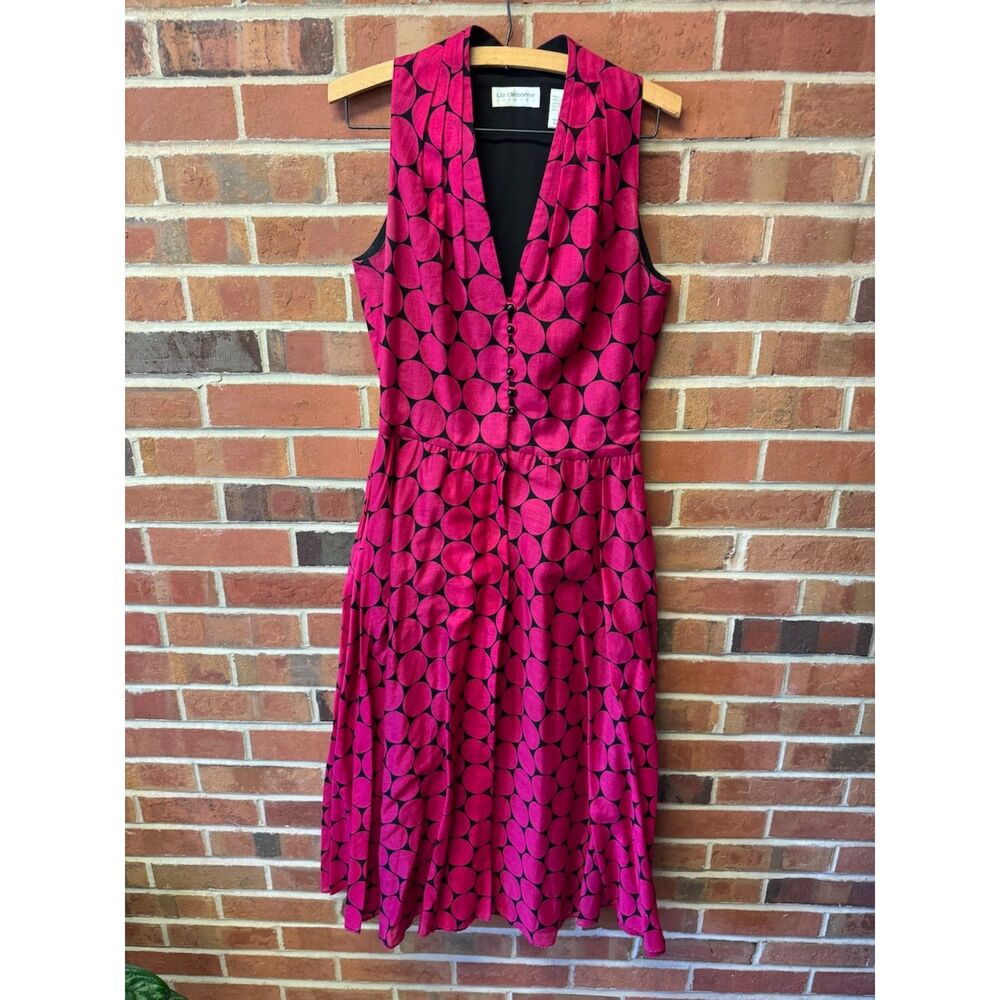 Liz Claiborne Pink Polka Dot Midi Dress Sleeveless Button Front